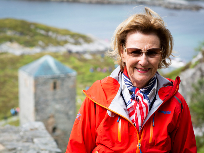 Queen Sonja on her way up to Saint Sunniva’s cave during her visit to Selja. Photo: Liv Anette Luane, The Royal Court